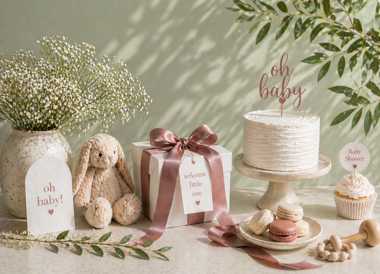 Baby shower table with bunny, gift box, cake and macarons