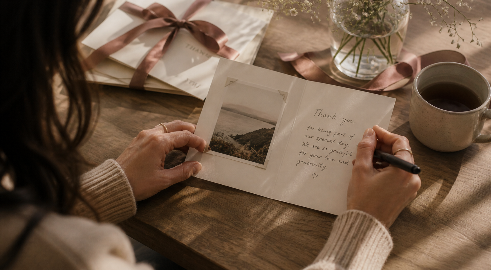 Handwritten thank you card on a warm surface.
